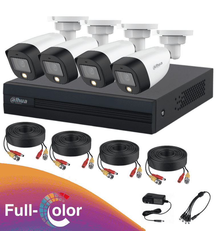 Kit de Videovigilancia Dahua de 4 Cámaras Bullet / 2 Megapixeles / 1080p / H.265 / Iluminación FullColor / Protección IP67