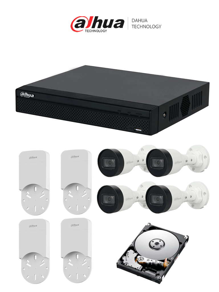 Kit de Videovigilancia Dahua de 4 Cámaras + NVR + + 1TB HDD + Caja de conexiones / 2 Megapixeles / H.265+ / 30Mts Iluminación IR/ X4 POE / Protección IP67