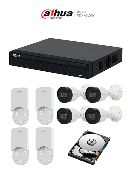 Kit de Videovigilancia Dahua de 4 Cámaras + NVR + + 1TB HDD + Caja de conexiones / 2 Megapixeles / H.265+ / 30Mts Iluminación IR/ X4 POE / Protección IP67