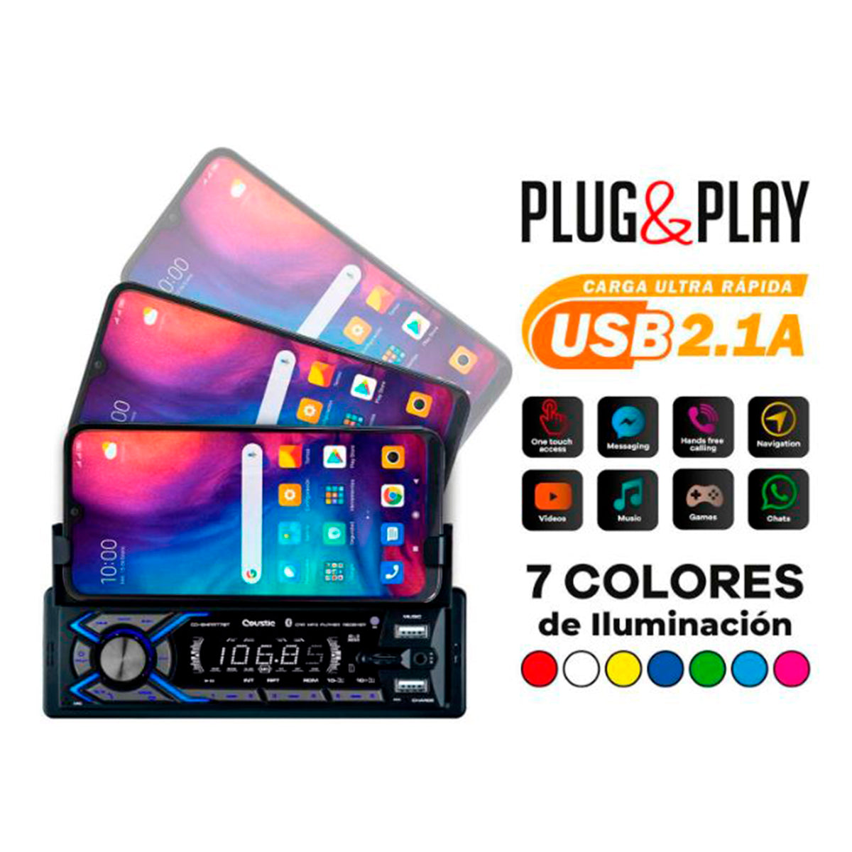 Autoestéreo COUSTIC 1DIN BT 2USB C/SOPORTE PARA CEL - CO-SMART7BT