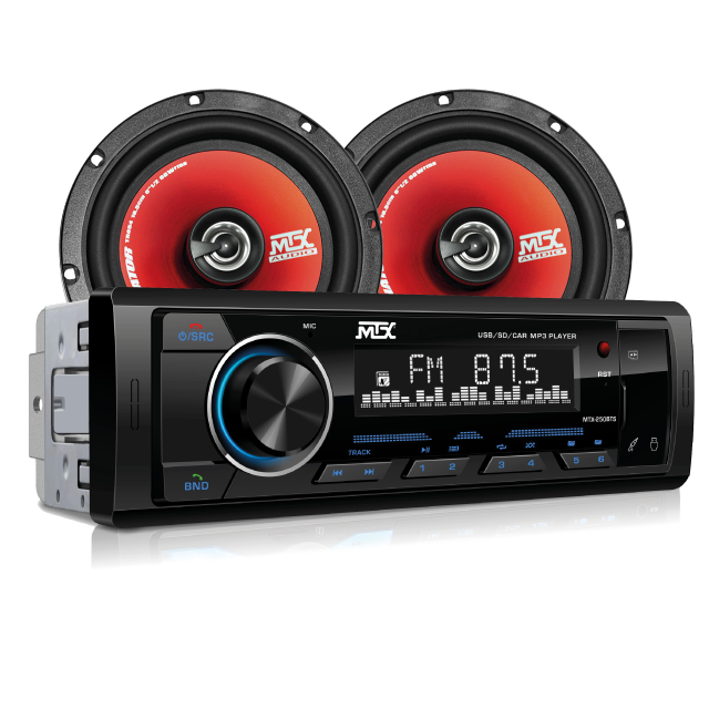 Autoestereo MTX 1 DIN con MP3 USB, BT y APP + Bocinas Coaxiales 6.5” – MTX-PK250BTS